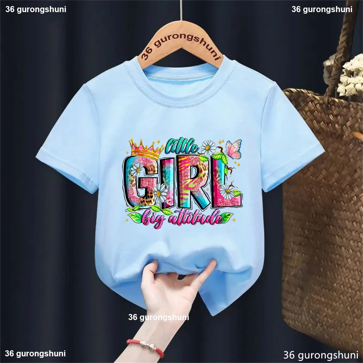 2025 camiseta con estampado con dibujo de gran actitud para niñas, corona, mariposa, flores, ropa Kawaii para niños, camiseta lisa de verano - imagen 4