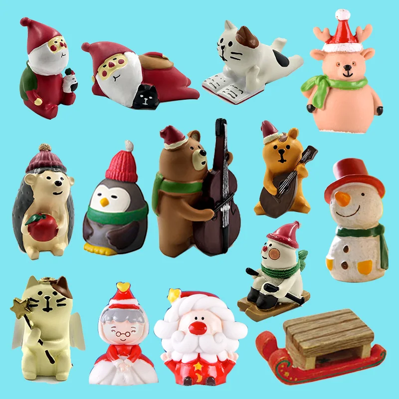 ESTATUILLA en miniatura de Navidad para esquiar, estatua de jardín de hadas, juguete artesanal de resina, adornos de coche, gato, ardilla, Sant Claus