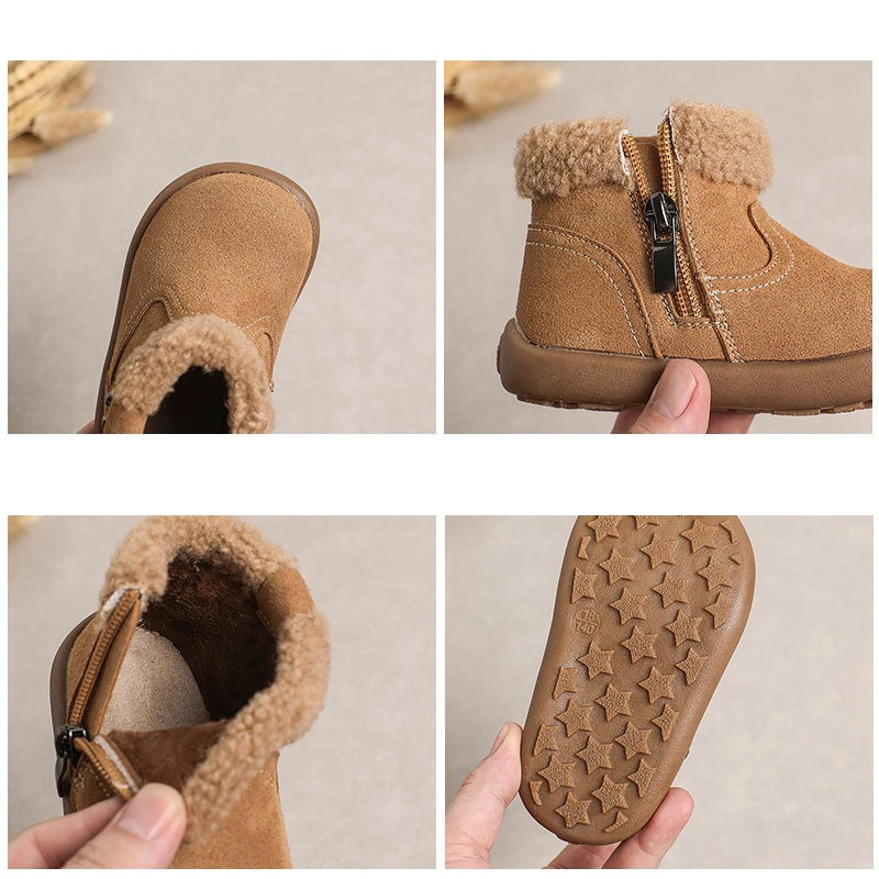 Botas de nieve de cuero genuino para bebés y niños, botas de felpa para niños, suela suave antideslizante para exteriores, zapatos para niños pequeños, Otoño Invierno - imagen 5