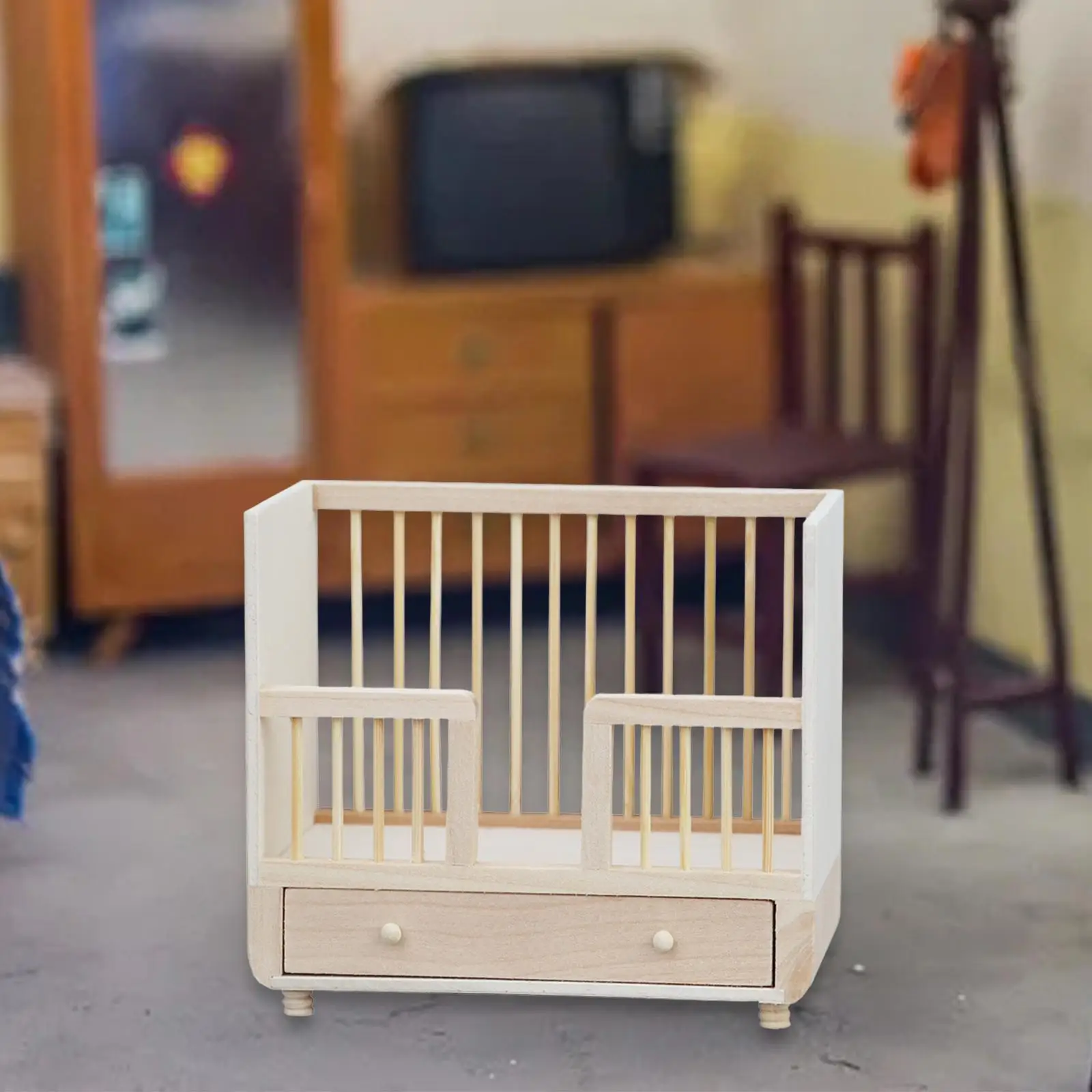1: 12 Miniature Dollhouse Crib Bed Miniature Toddler Bed for Gift Micro Landscape Handcraft Landscape Decorations Window Display