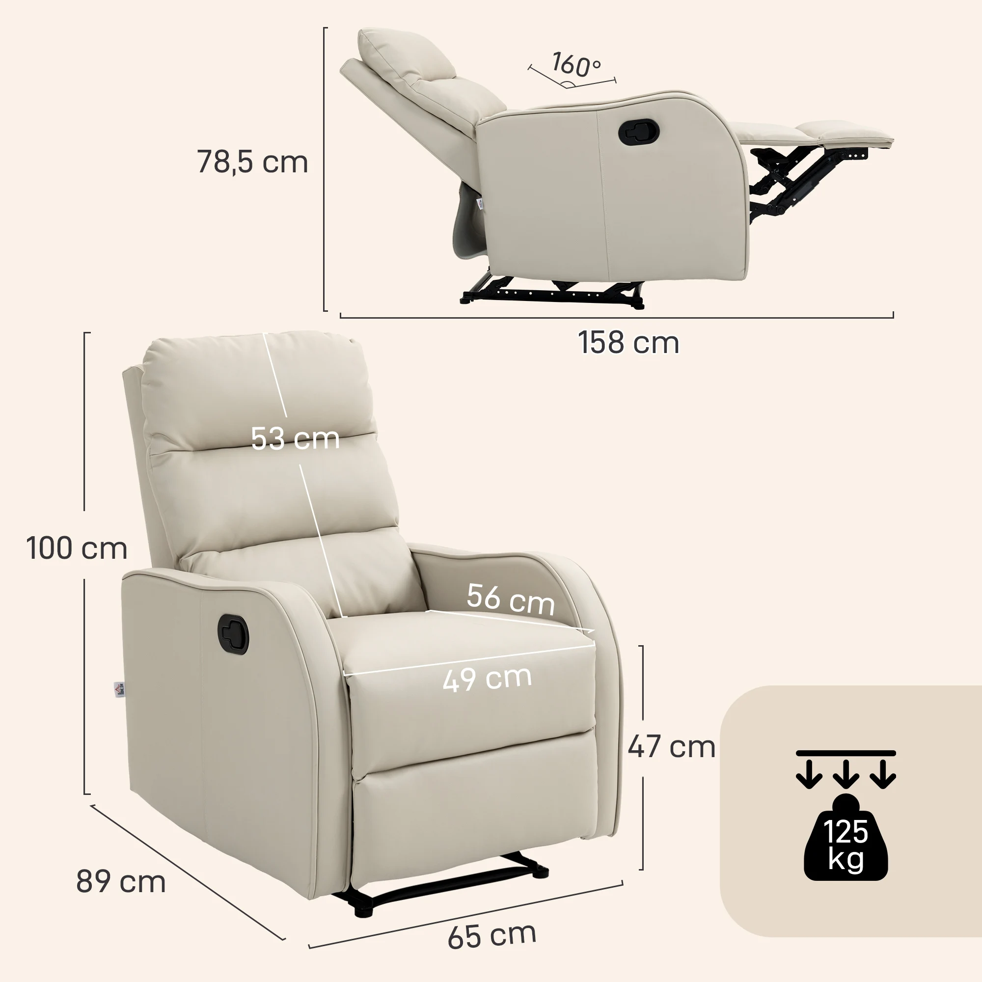 HOMCOM Sillón Relax Reclinable Manual, Sillón Relax Tapizado en PU con Reposapiés Retráctil, Acolchado Grueso, Butaca Reclinable hasta 160º, para Salón, Dormitorio, Crema - imagen 3