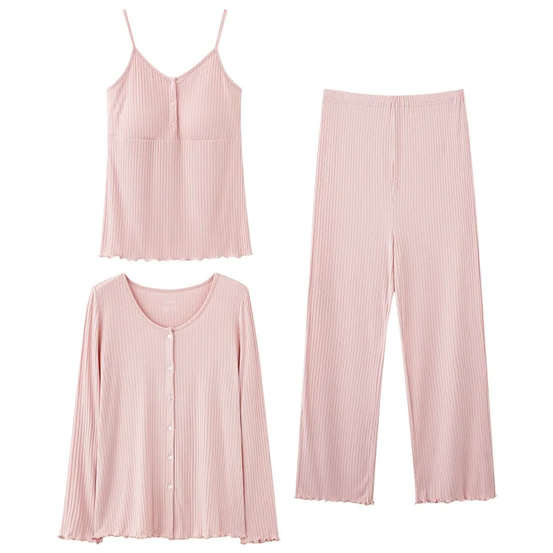 Conjunto de pijamas cómodos para embarazo, pantalones de manga larga de Color sólido y chaleco Halter, ropa de dormir de tres piezas para maternidad y lactancia - imagen 2