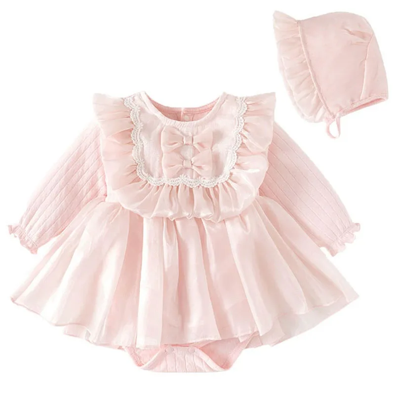 Ropa de primavera y otoño para niñas recién nacidas, monos de princesa de manga larga de algodón con bonito lazo coreano + sombrero, ropa de Boutique para bebés B038