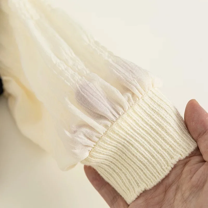 Suéter a rayas de dos piezas de imitación de otoño para niña con mangas abullonadas dulces, Top de punto elegante, informal y versátil, suave y acogedor - imagen 4