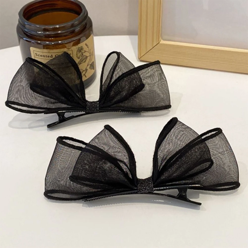 2 uds. Clip de pelo negro con lazo grande de malla coreana, Clip para el pelo con flequillo lateral, tocado para niñas, bonito lazo, Clip de pico de pato, accesorios para niños - imagen 5