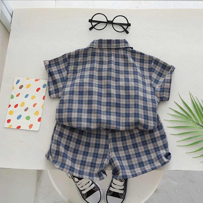 Conjunto de ropa de verano para bebé, traje de camisa a cuadros, pantalones cortos, chándal informal para niño pequeño, 2 unidades - imagen 3