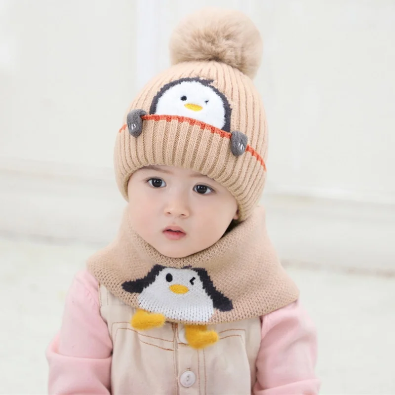 Pingüino, gorro de Jacquard tejido acrílico Unisex, bufanda para bebé con pompón de piel para niños, conjunto de gorro de viaje para invierno cálido