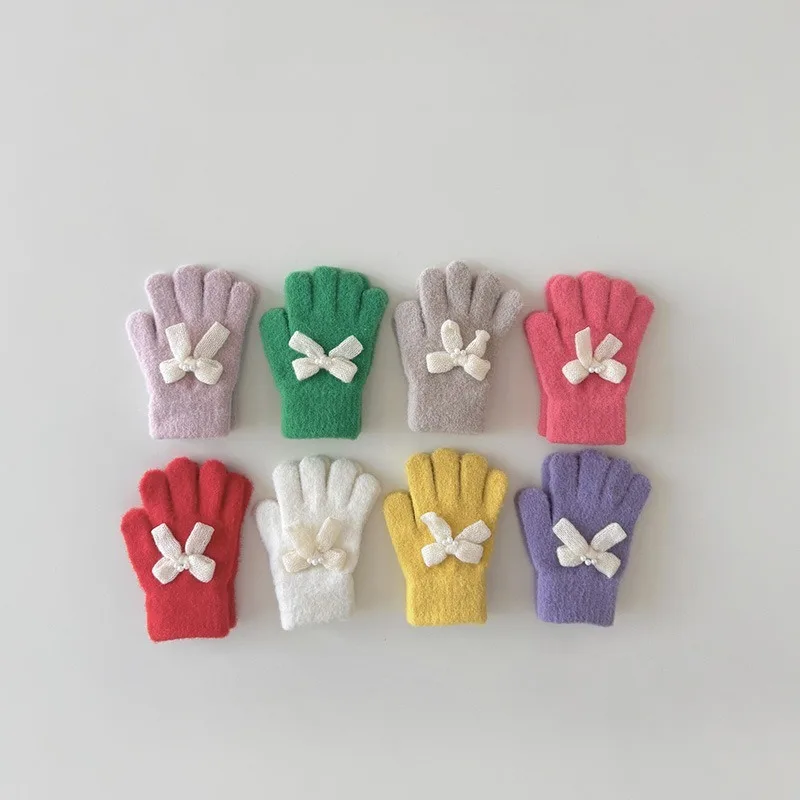 Guantes de invierno de estilo coreano para niñas, guantes cálidos con dedos separados para niños con diseño de lazo, manoplas bonitas de moda para niños, nuevo