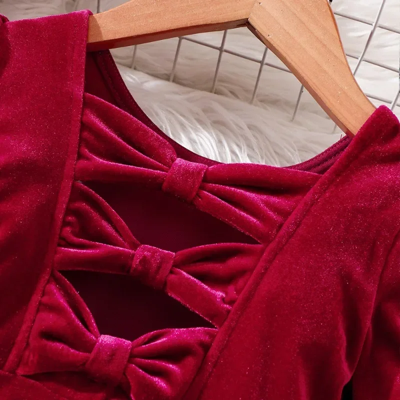 Vestidos de manga larga para niñas, traje de fiesta de terciopelo de princesa, ropa de boda roja, lazo de moda, Otoño e Invierno - imagen 3