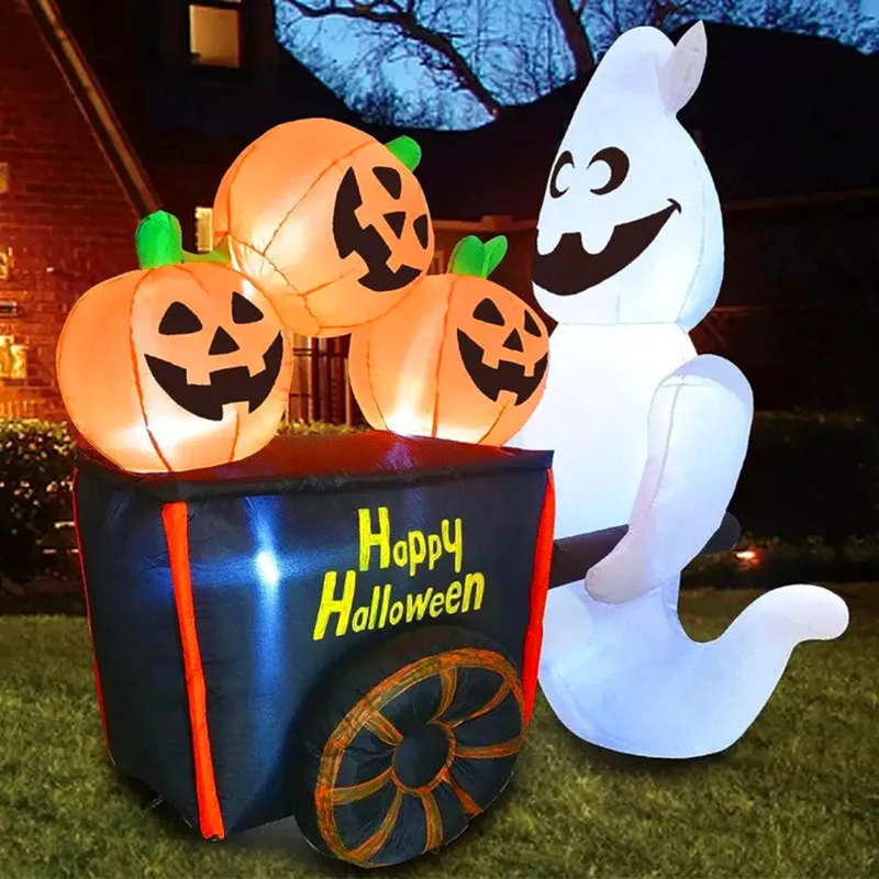 Juguete inflable de decoración de Halloween de 6 pies, carrito de calabaza con empuje fantasma y luces LED, modelo inflable de Halloween para fiestas navideñas al aire libre - imagen 5
