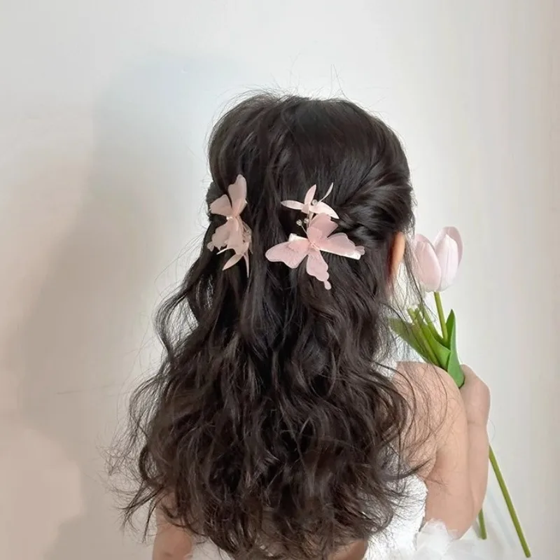 2 unids/set de Clip de pelo de mariposa de malla, flequillo lateral, Clip de pico de pato, sombreros para niñas, horquilla coreana rosa, azul y blanca, accesorio para el cabello para niños - imagen 3