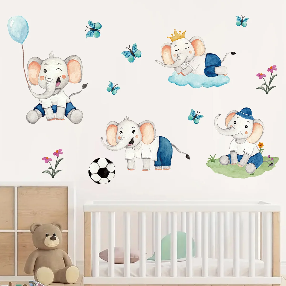 Pegatinas de pared de elefante bebé de dibujos animados, pegatinas de decoración para habitación de niños, calcomanías para guardería, papel tapiz artístico de pared para aula y jardín de infantes