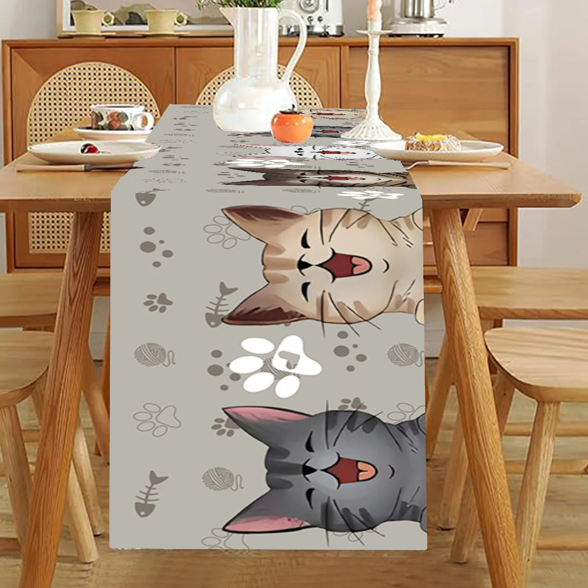 Corredor de mesa de gato con fondo gris, decoración de fiesta de cumpleaños, decoración para niños, decoración de mesa de comedor de cocina, suministros para fiesta de bienvenida de bebés para bodas