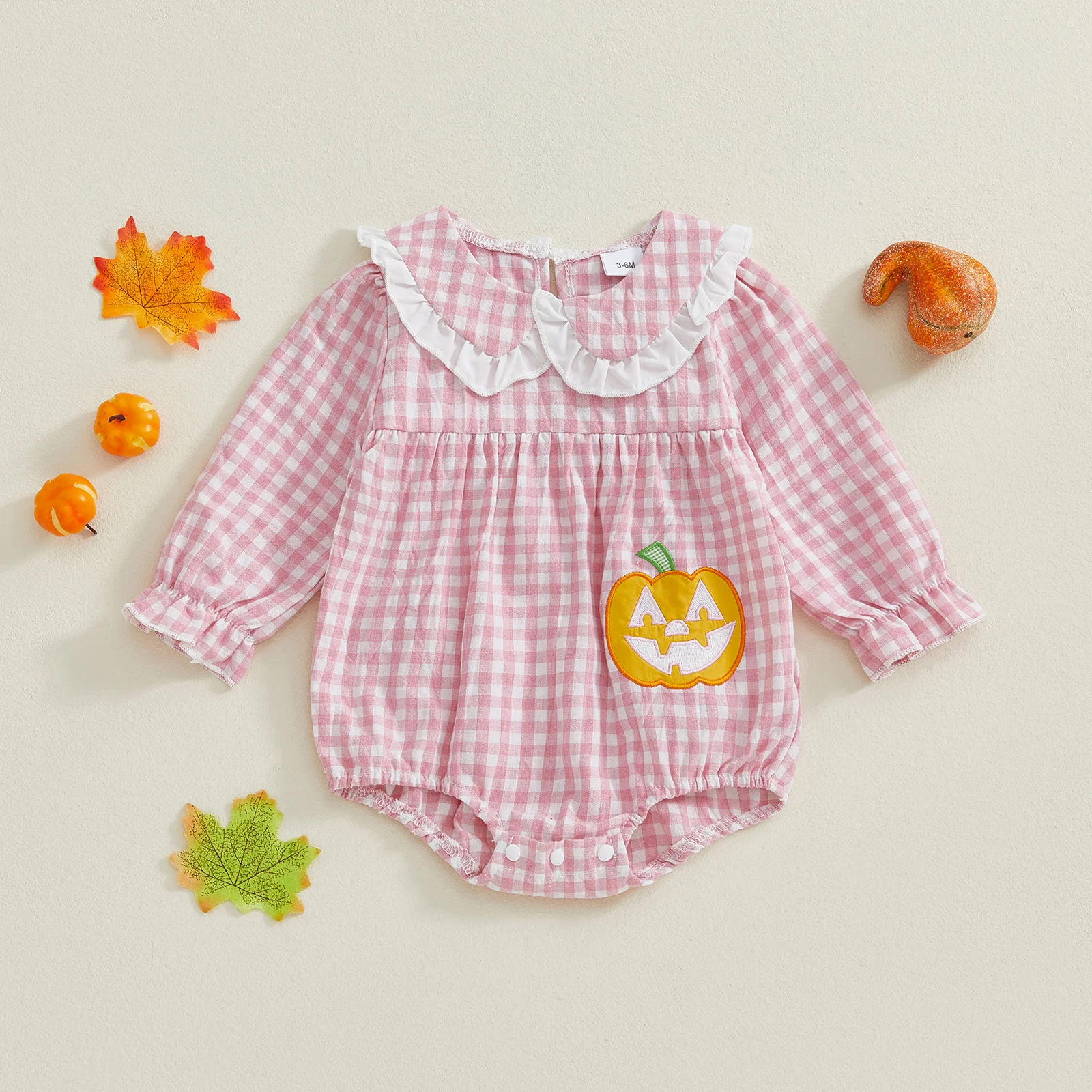 SUNSIOM-Pelele para niñas de 0 a 18 meses, pelele de manga larga con cuello de muñeca, mono de calabaza bordado a cuadros, disfraz de Halloween para recién nacidos