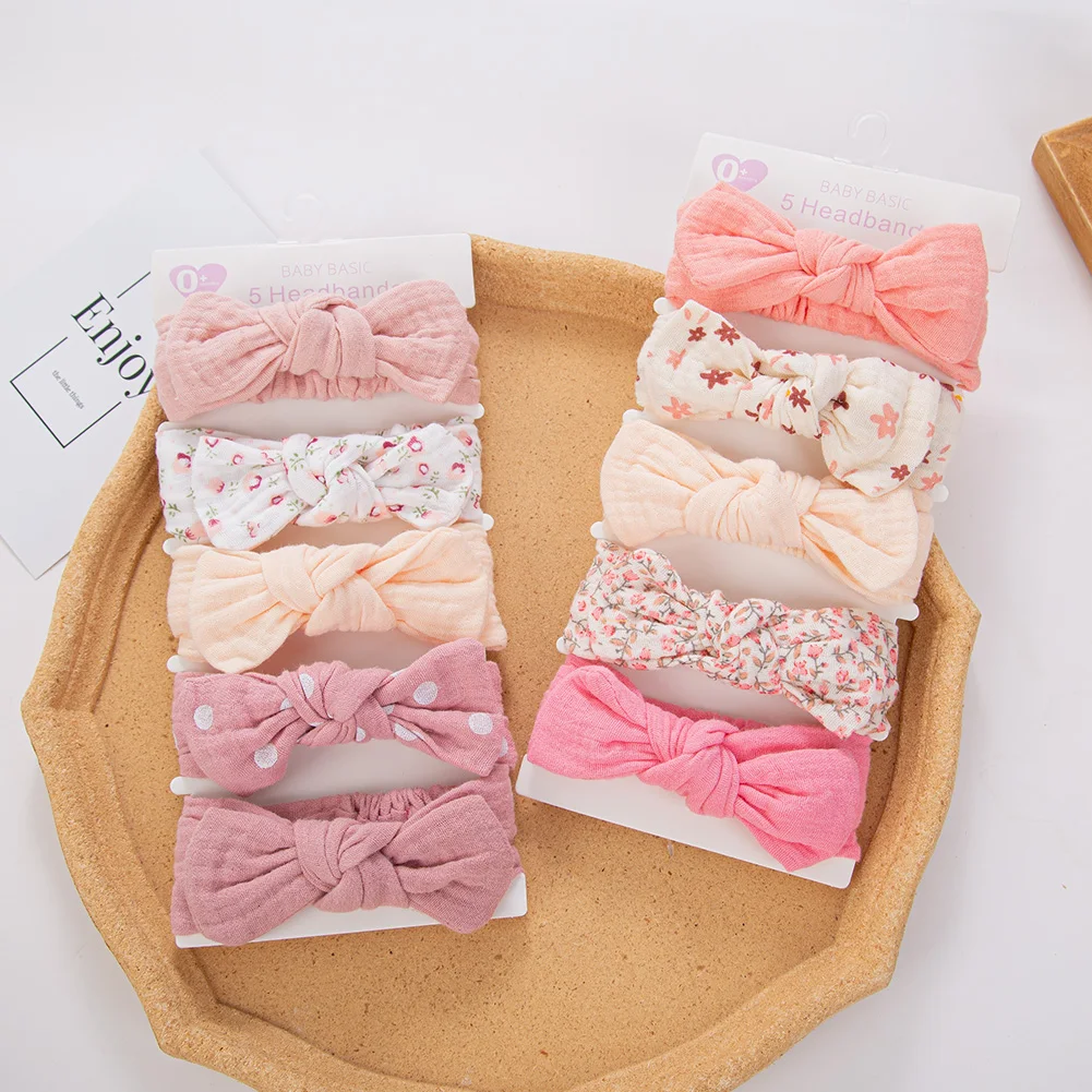 5 unids/set de diadema de lino y algodón de muselina lisa para bebé, banda elástica para el pelo con Orejas de conejo, turbante para niña, accesorios elásticos