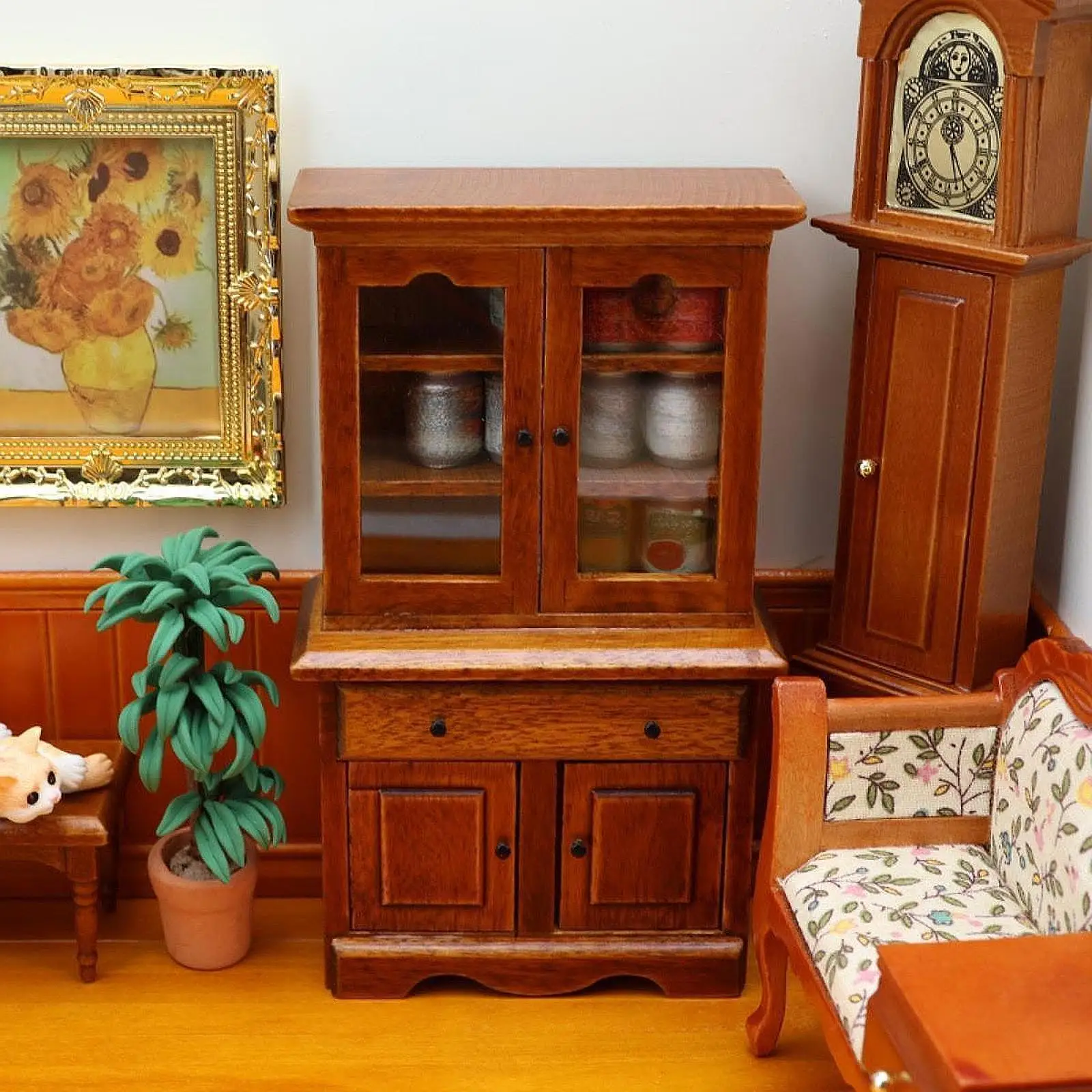 1/12 Dollhouse Bookcase Dollhouse Storage Cabinet Smooth Polishing for Living Room Double Doors Wooden Sturdy Display Cabinet