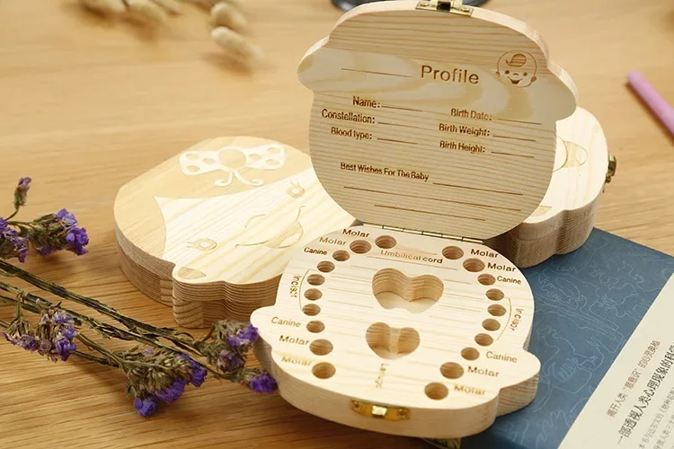 Caja organizadora de dientes de madera para bebé, inglés y español, almacenamiento de dientes de leche, recoger dientes, Umbilica, guardar regalos, 1 Uds. - imagen 4