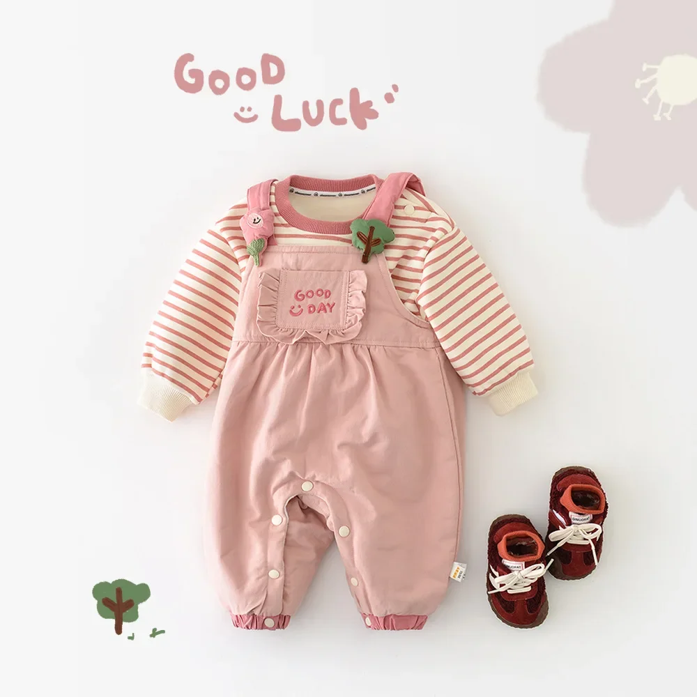 MILANCEL nuevo invierno bebé peleles rosas 6M-3T Linda letra flor niñas conjunto infantil polar acolchado mono suelto para niños pequeños