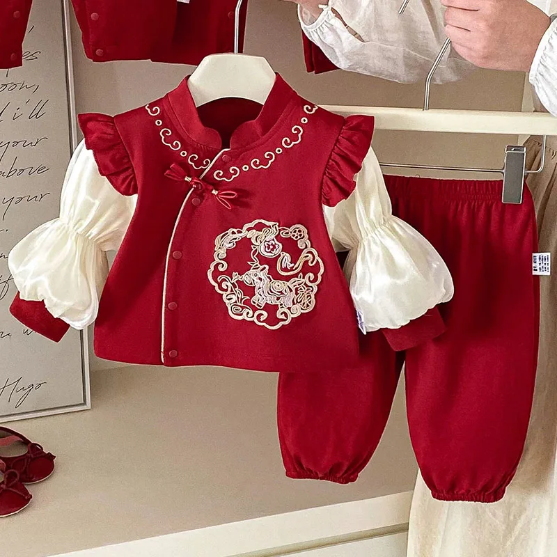 Conjunto primavera bebé niña estilo chino bordado Año Nuevo rojo