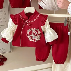 Conjunto primavera bebé niña estilo chino bordado Año Nuevo rojo