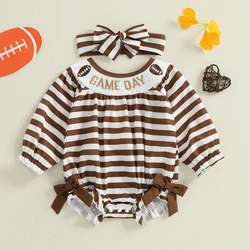 Pelele a rayas para niña de 0 a 18 meses, mono con estampado de letras de Rugby de otoño, cuello redondo, manga larga, volantes de burbujas y diadema con lazo