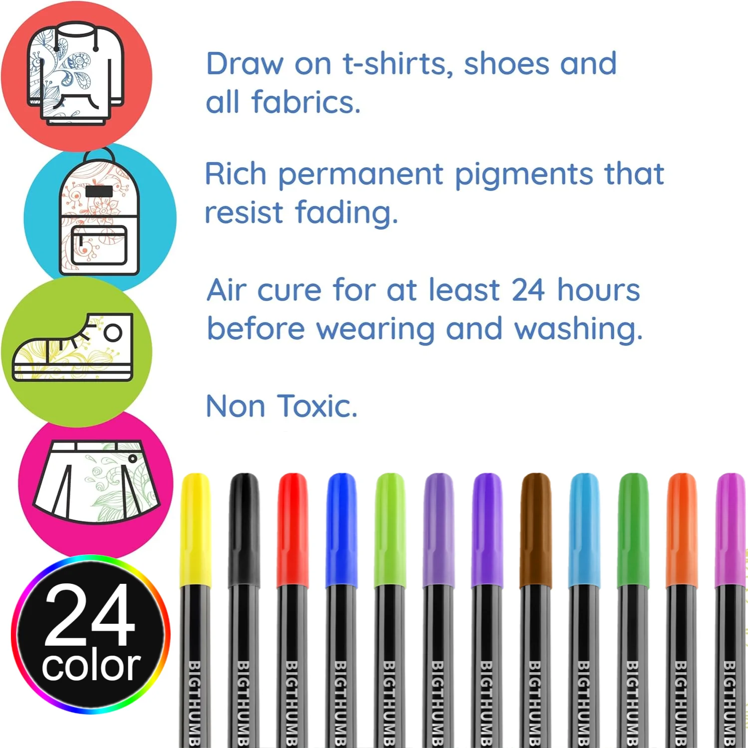 Rotuladores de tela permanentes para ropa, 24 colores, impermeables y lavables a máquina, sin bolígrafo de purga para camiseta, zapatos de lona, bolsos, funda de almohada - imagen 2