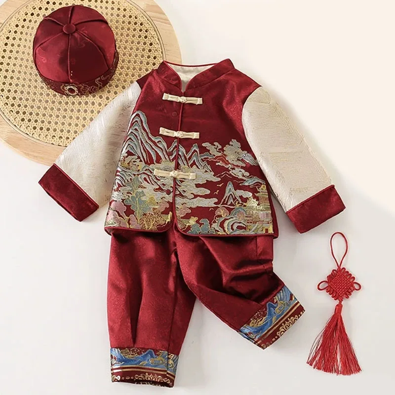 Conjuntos de 3 uds. De disfraces de otoño, ropa para bebé, Tops de manga larga de lana con estampado rojo de estilo chino, pantalones y sombrero, ropa de Boutique para niños B262 - imagen 3
