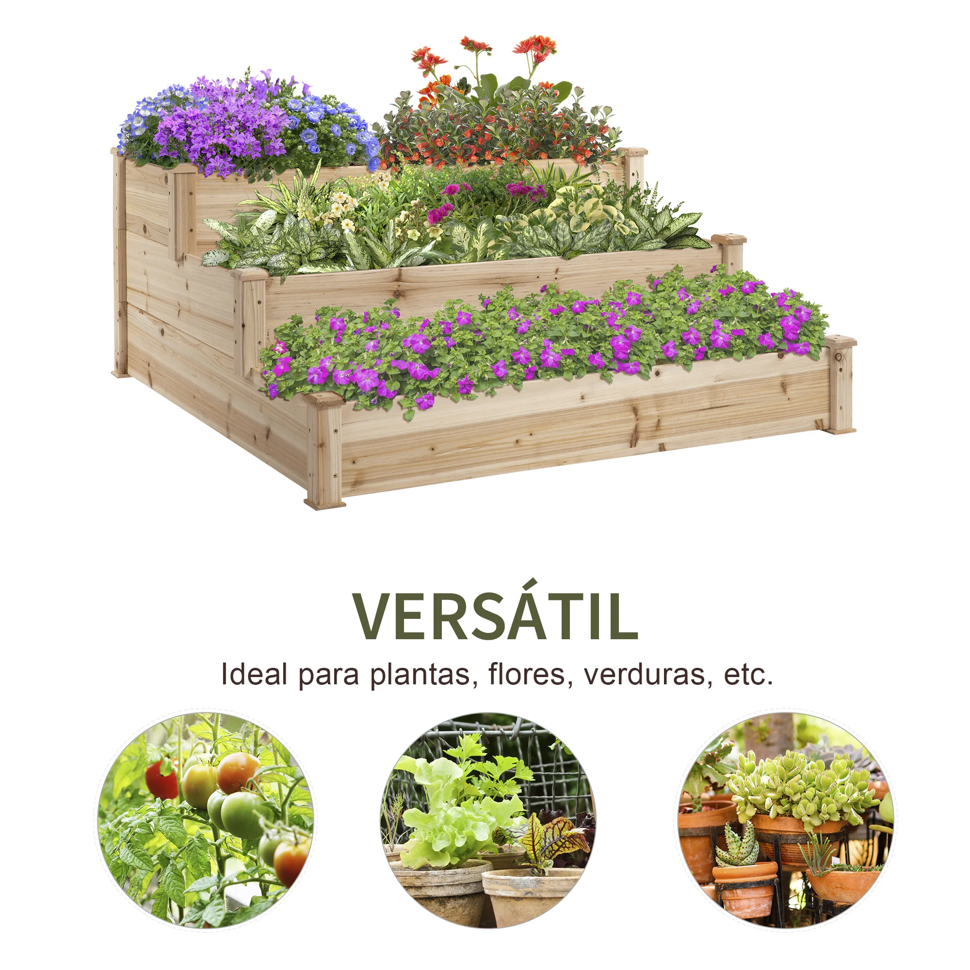 Outsunny Jardinera Exterior Grande de Madera Arriate de Jardín de 3 Niveles con Diseño de Escalera Huerto Urbano para Cultivos Plantas Flores para Patio Terraza Balcón 120x120x56 cm Natural - imagen 5