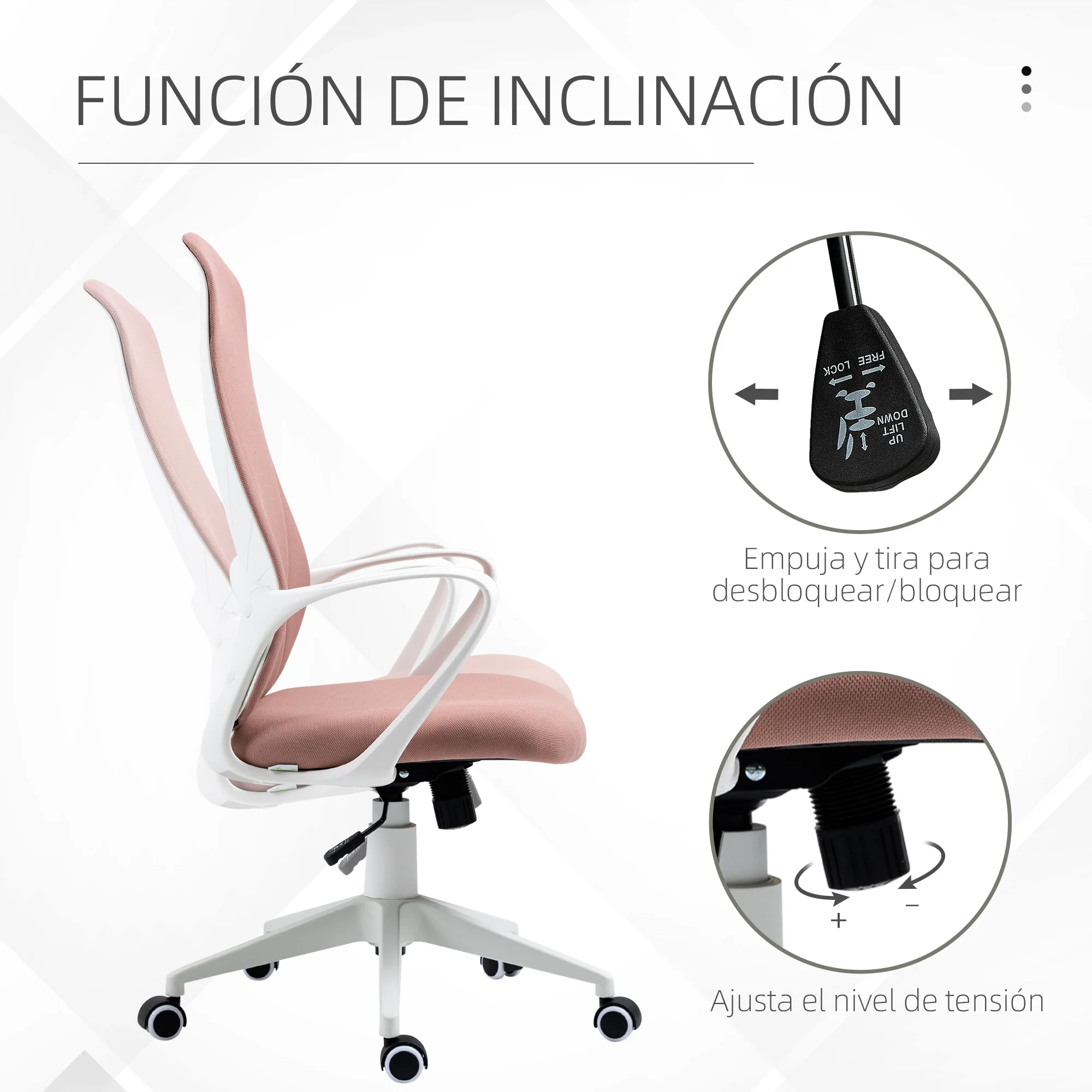 Vinsetto Silla de Oficina Giratoria Altura Ajustable Silla de Escritorio Ergonómica con Reposabrazos Función de Inclinación y Respaldo Alto para Salón Dormitorio 62x56x110-119,5 cm Rosa - imagen 4