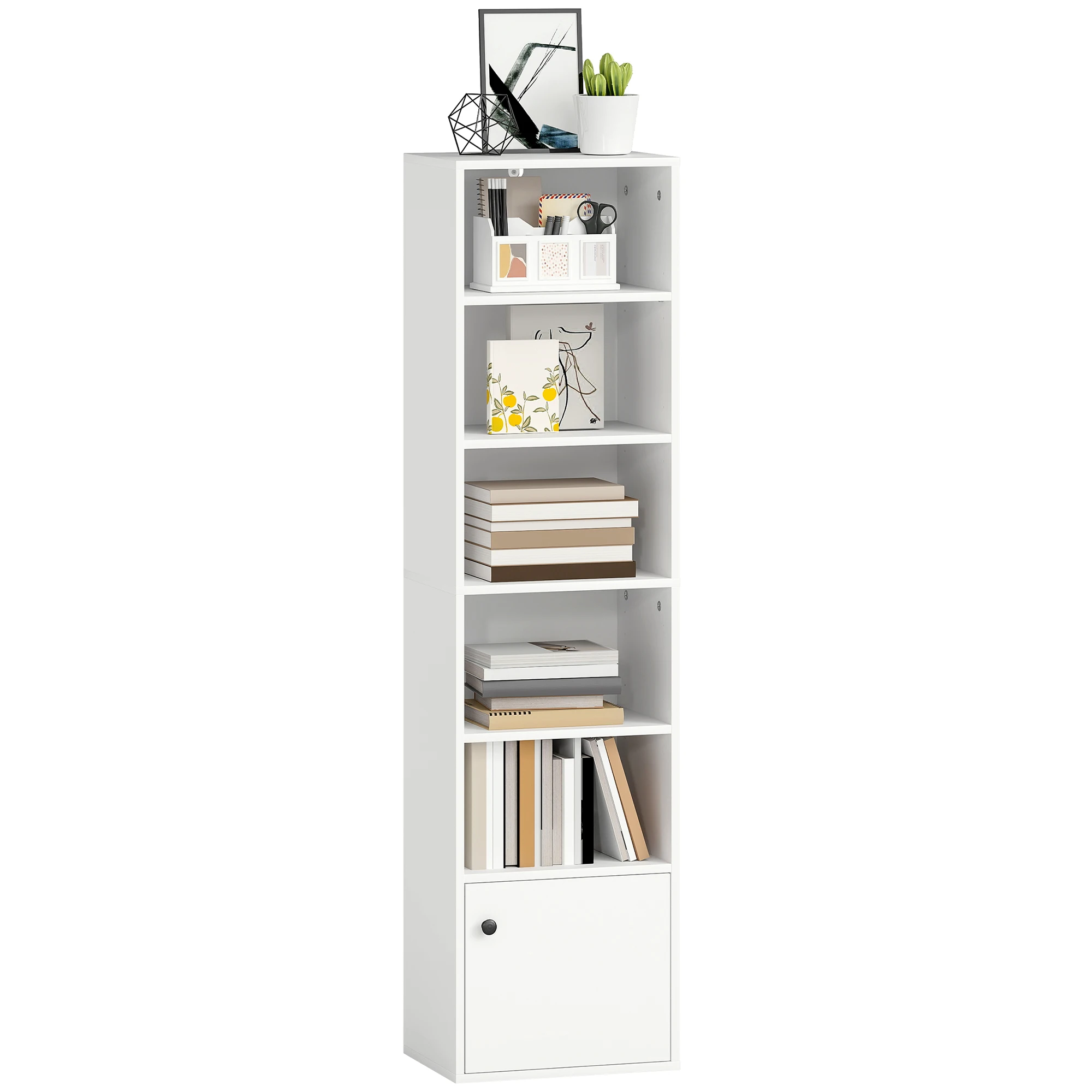 HOMCOM Librería de 6 Niveles, Estantería para Libros con Estantes Ajustables y Puerta, Estantería Moderna, 40x30x156 cm, para Salón, Dormitorio, Estudio, Oficina, Blanco