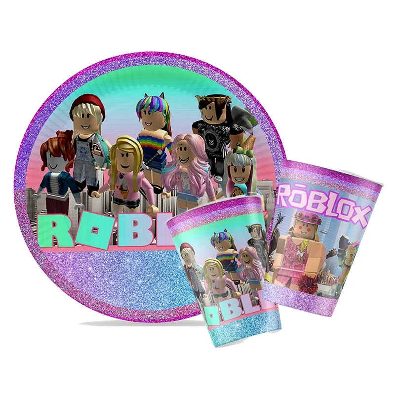 Roblox-decoraciones para niña, pancarta de fiesta de color rosa púrpura, globos de cumpleaños, manteles, servilletas para decoración de pasteles, vajilla, suministro de regalo para niños