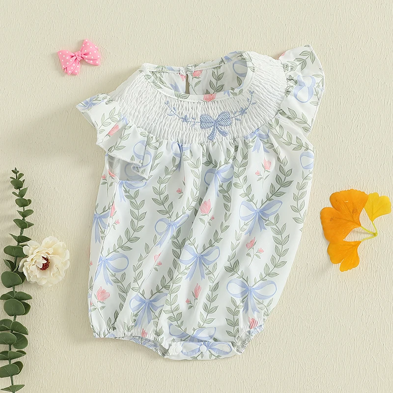 SUNSIOM Mameluco para niñas con mangas voladoras, cuello redondo, estampado de hojas y lazo, mono infantil, ropa de verano para uso diario informal - imagen 3