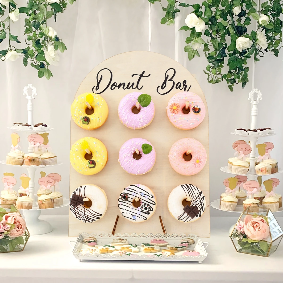 Soporte de Donut de madera en forma de arco, decoración para fiesta de Donut, suministros para fiesta de cumpleaños y boda, barra de Donut para Baby Shower - imagen 5