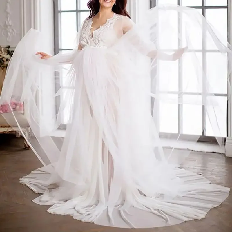 Vestido de maternidad largo tul con cuello en V para fotos premamá - imagen 2