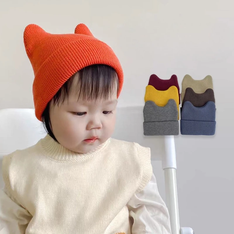 Gorro de bebé de Color sólido Otoño Invierno estilo coreano Kwaii lindo cuerno de vaca gorro tejido para bebé niños actividades al aire libre gorros de lana