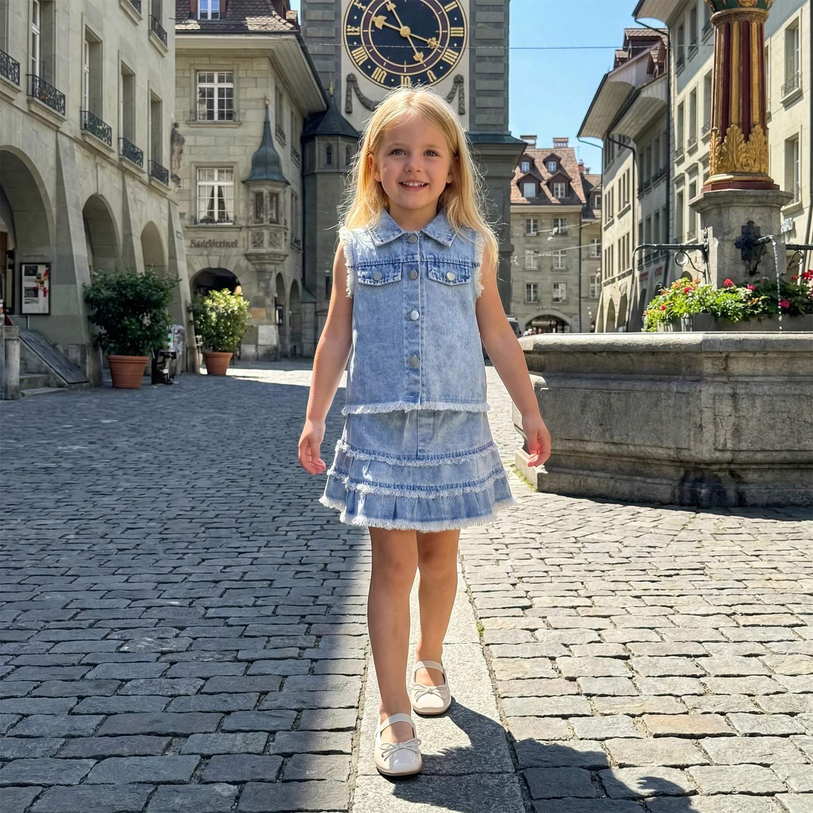 Conjunto de verano para niña: top vaquero y falda con volantes - imagen 4