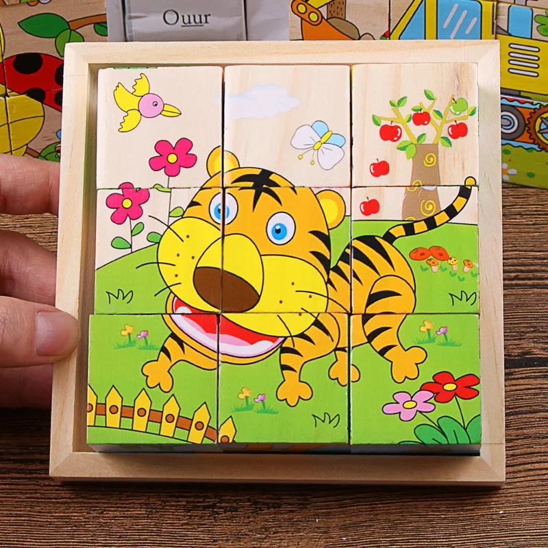 Bloques de madera para bebés, juguetes para niños, rompecabezas de seis cubos laterales, juego de animales, frutas, tráfico, juguete educativo de Aprendizaje Temprano - imagen 5