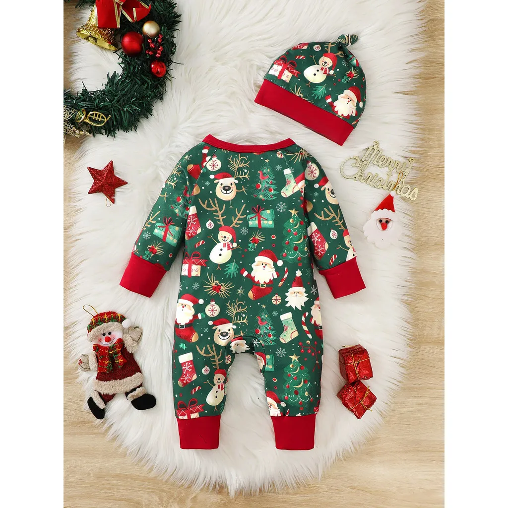 Mono de Navidad para recién nacido, niño y niña de 1 a 18 meses, bonito estampado de Papá Noel, pelele de manga larga con cremallera + sombrero, disfraces para bebé pequeño - imagen 2