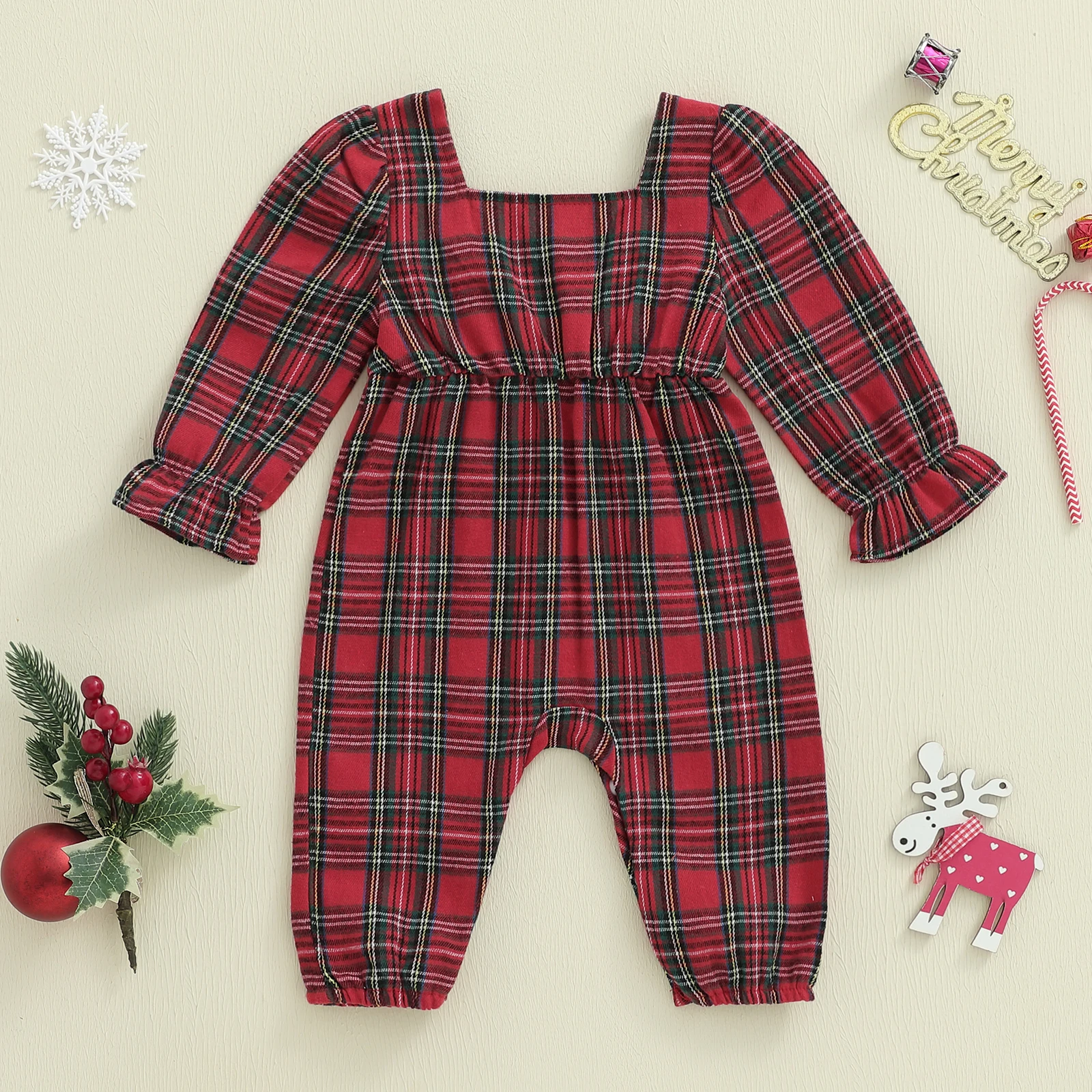 Suefunskry Mameluco a cuadros de Navidad para niña recién nacida, mono con lazo grande, manga larga, cuello cuadrado, diadema - imagen 3