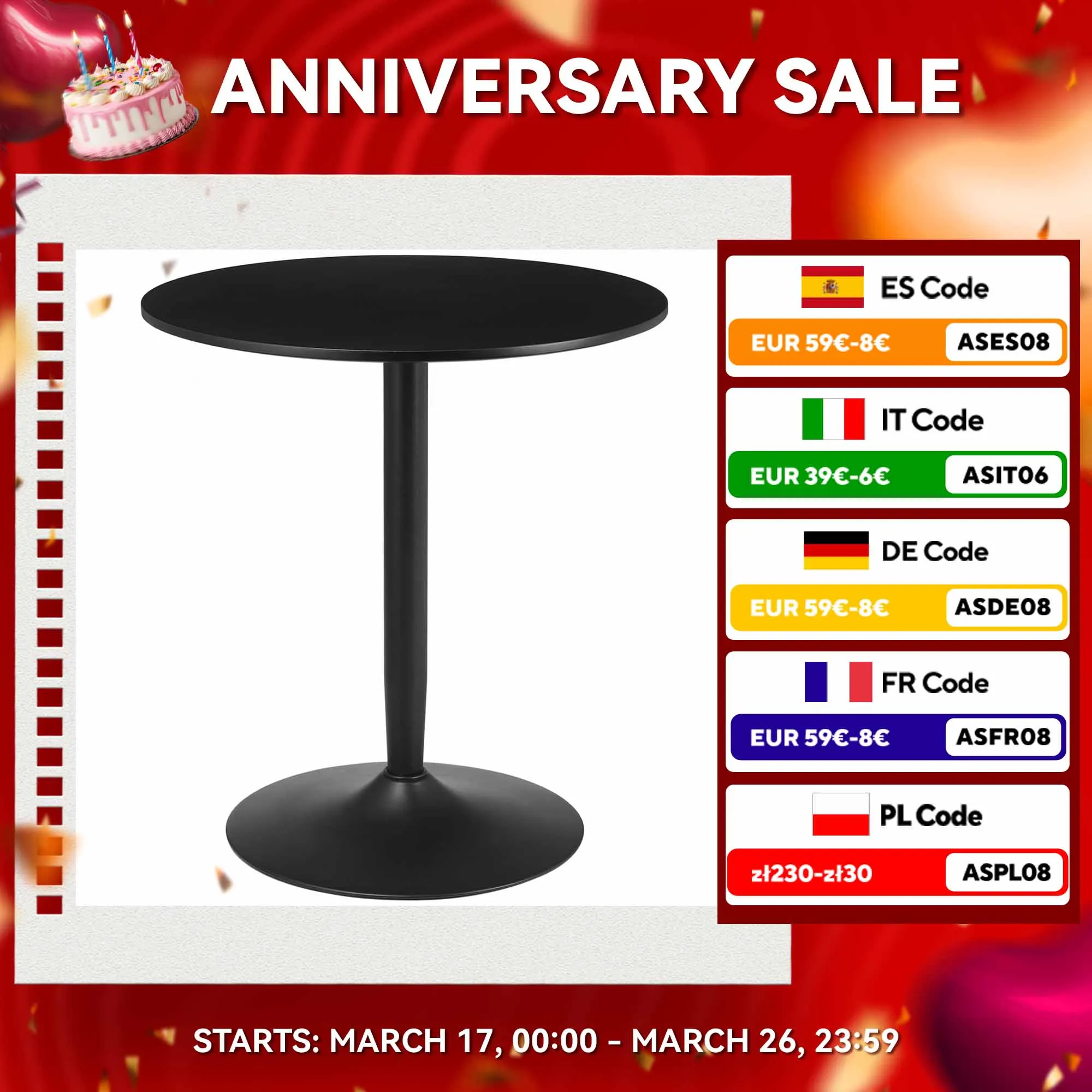 HOMCOM Mesa de Comedor Mesa Redonda Mesa de Cocina Moderna para 2 Personas con Base de Acero y Almohadillas Antideslizantes para Salón Ø70x75 cm Negro