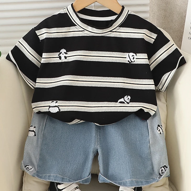 Conjunto veraniego bebé: tops algodón panda a rayas y shorts vaqueros