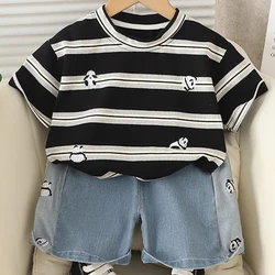 Conjunto veraniego bebé: tops algodón panda a rayas y shorts vaqueros