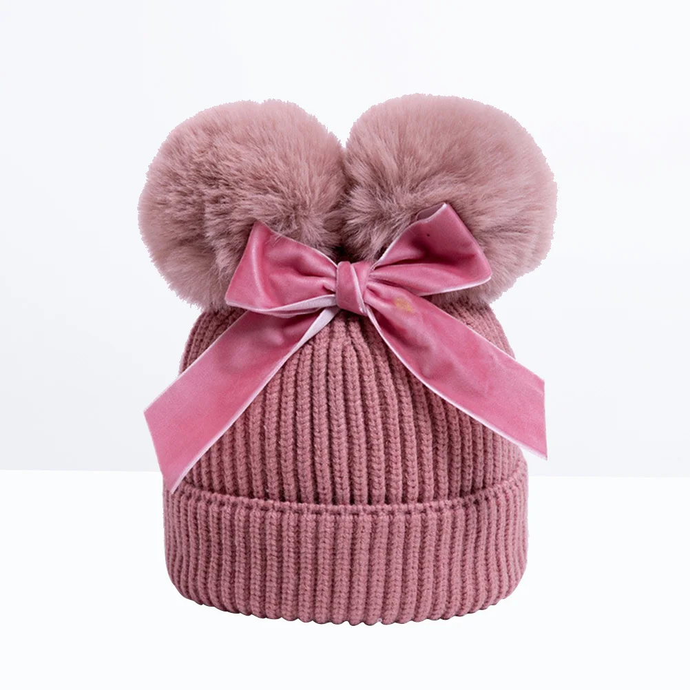 Gorro con lazo de dos tejidos para niños, gorro de ganchillo de invierno para niñas, accesorio fotográfico suave y cómodo, gorro cálido de invierno para niños - imagen 2