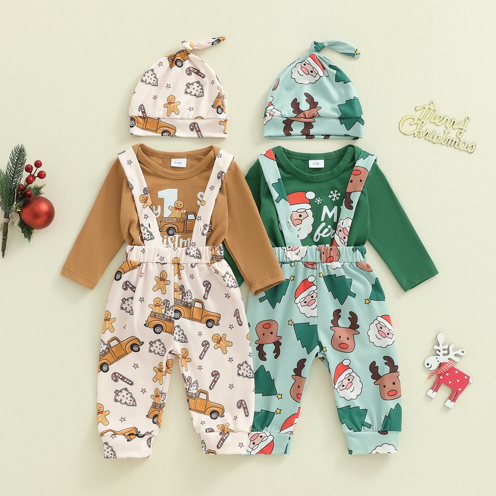Conjuntos de 3 piezas para bebés de 0 a 18 meses, mameluco de manga larga con cuello redondo, pantalones con estampado de Papá Noel/pan de jengibre, sombrero - imagen 3