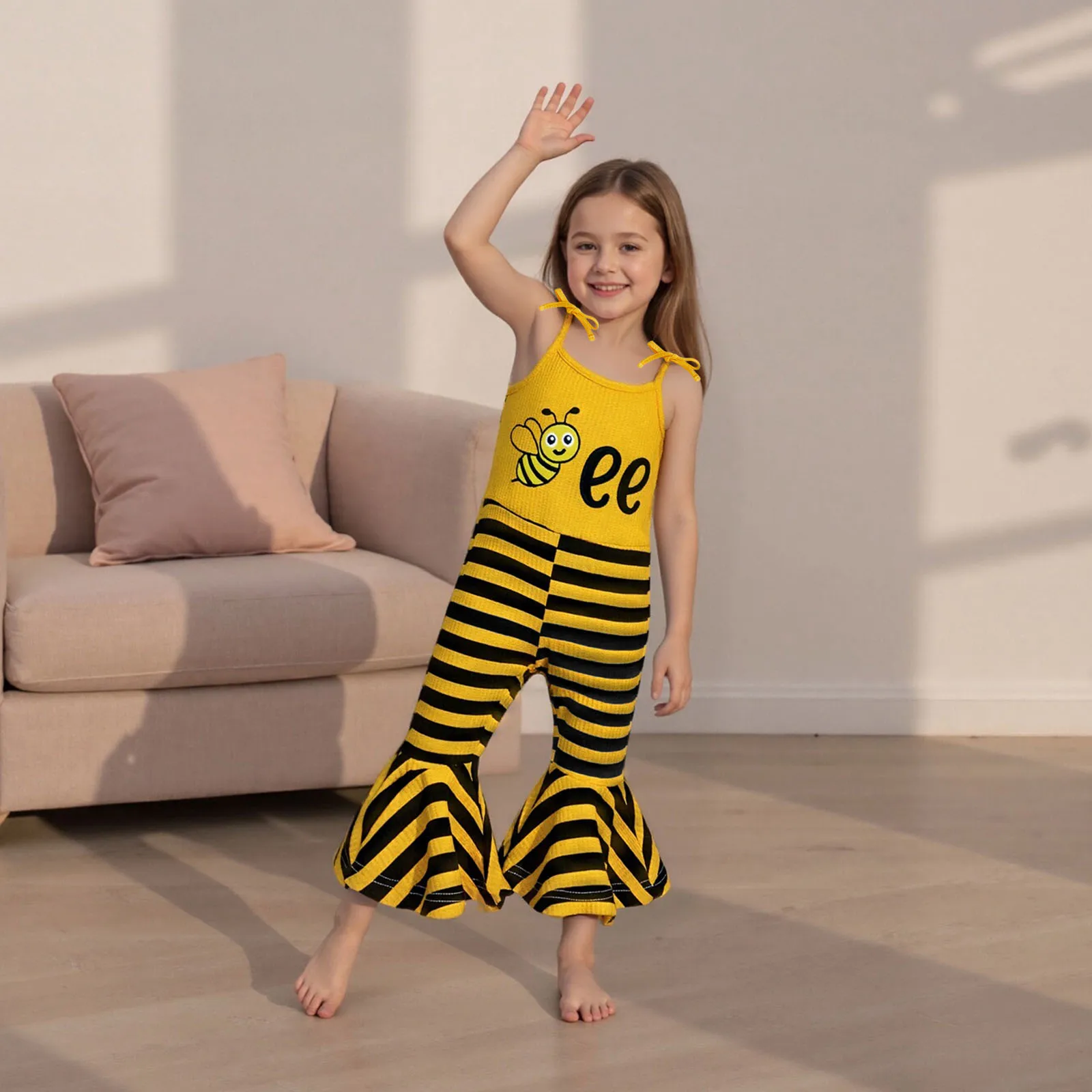 ViSgogo Mono para niñas con tirantes finos y estampado de rayas de abeja, ropa informal para fiesta - imagen 3
