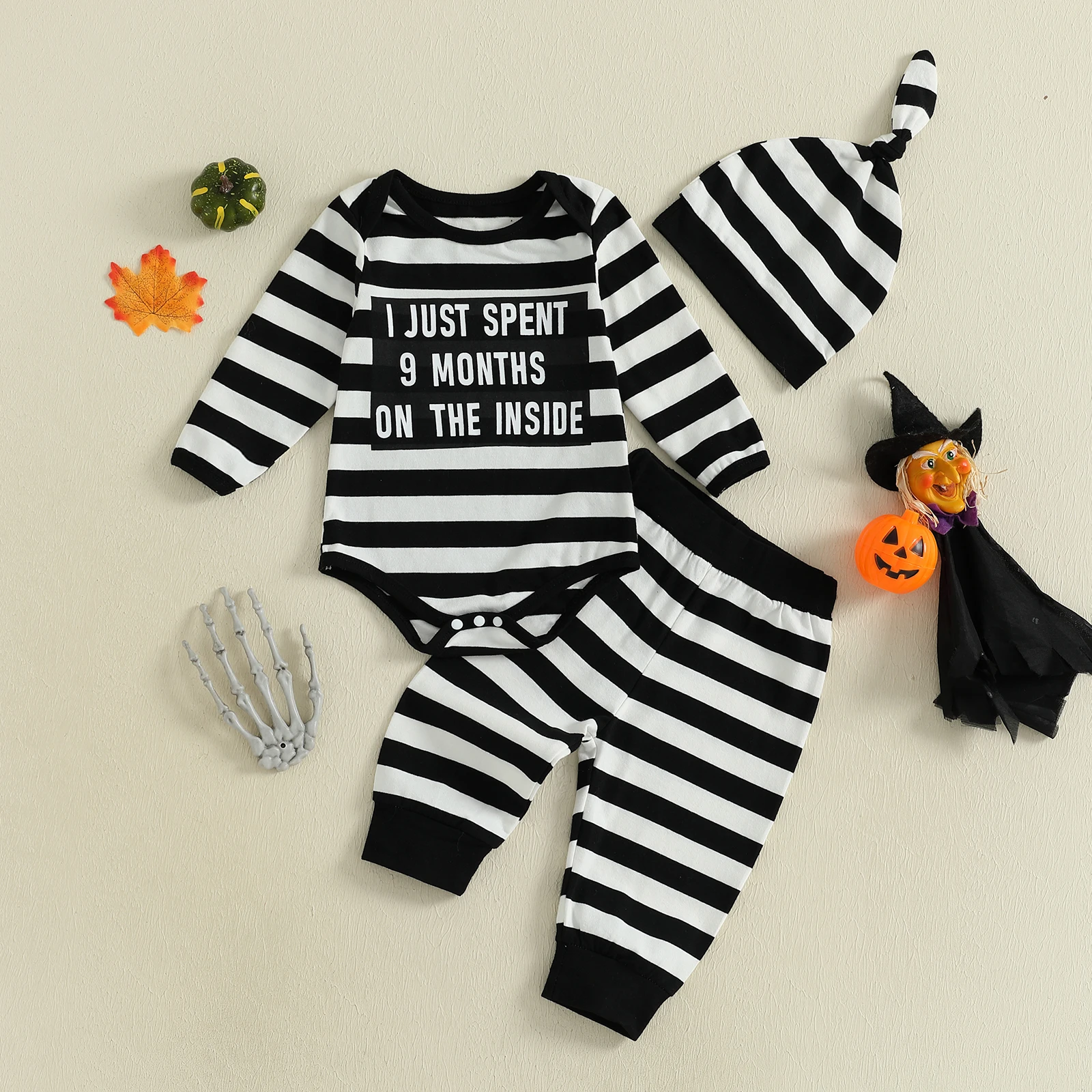 VISgogo Conjunto de 3 piezas de mameluco de manga larga con cuello redondo y estampado de letras holgadas para bebés y niños de Halloween