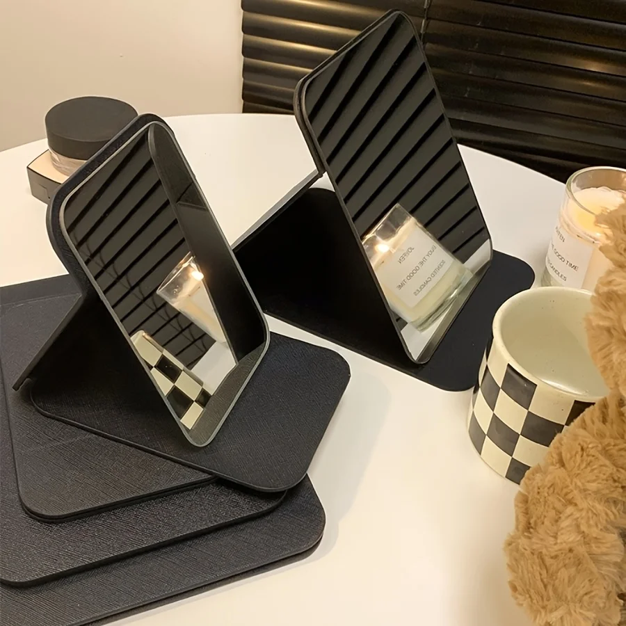 Espejos de belleza portátiles, espejo de maquillaje plegable con soporte de PU, adecuado para uso en dormitorio y escritorio, 1 ud. - imagen 4