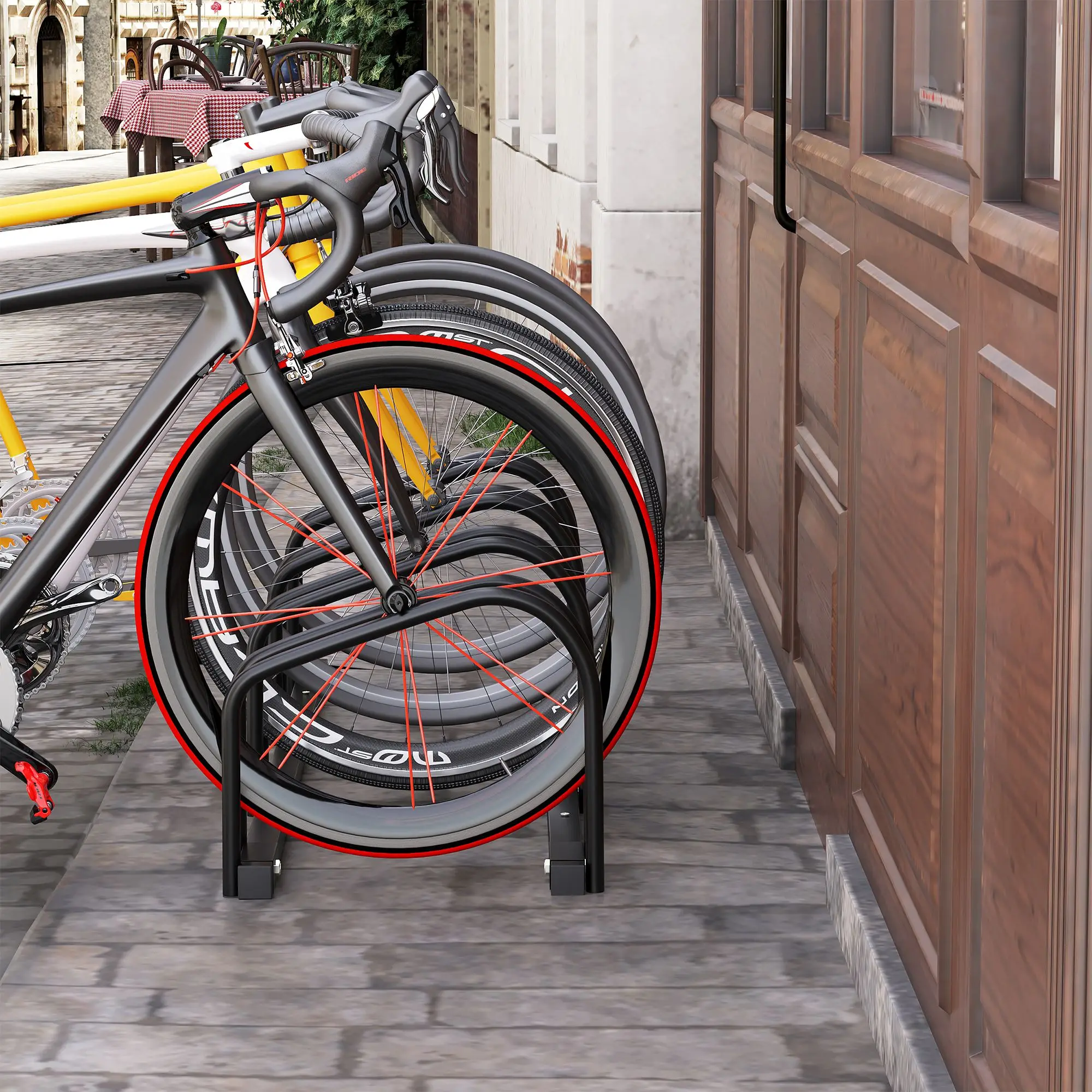 HOMCOM Aparcamiento para 4 Bicicletas Soporte de Acero para Aparcar Bicicletas en el Suelo o Pared Estacionamiento para Interior y Exterior 110x33x27 cm Negro - imagen 2
