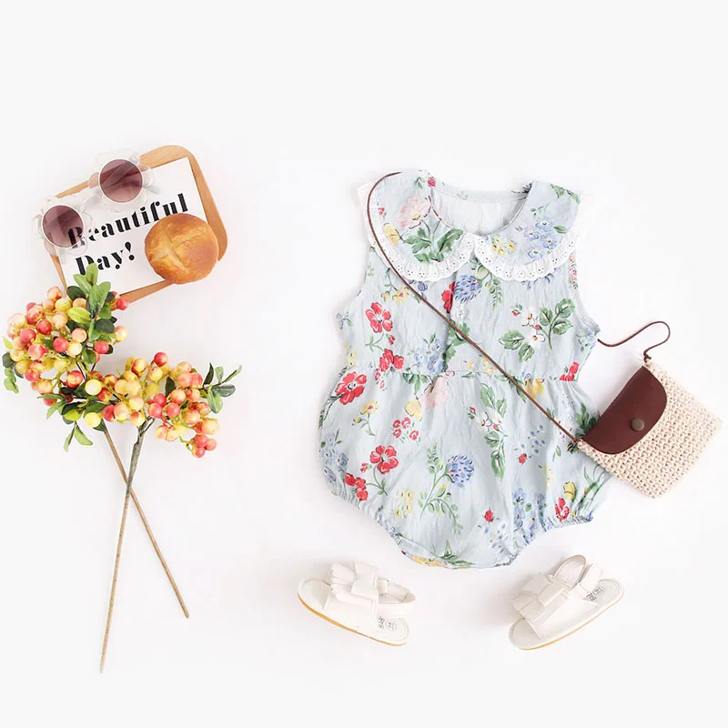 Body de encaje de una pieza sin mangas de estilo fino para niños pequeños, ropa bonita con estampado de flores para niñas de 3 a 24 meses - imagen 3