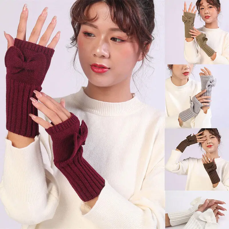 Guantes sin dedos para mujer, manopla más cálida para invierno, ropa suave para niñas con manga Kawaii, guantes tejidos con lazo para invierno, regalo